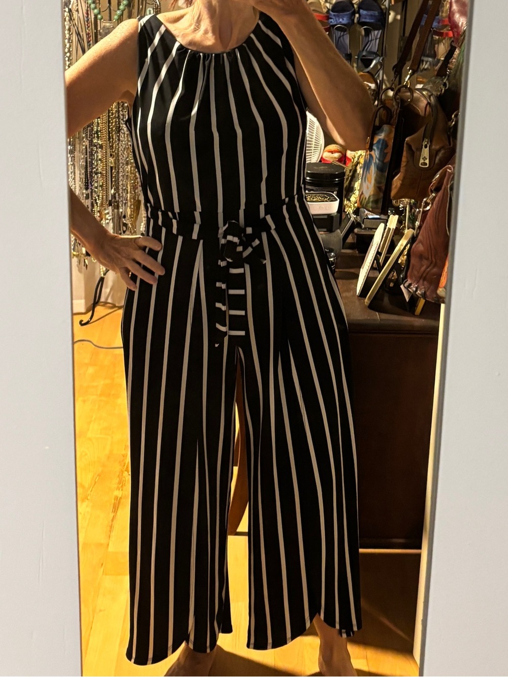 Est. 1946 Black & White Striped Sleeveless Jumpsuit with Wrap Tie Waist MP